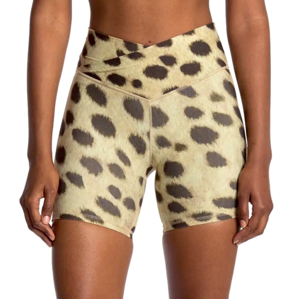 WeWoreWhat Leopard Print Splice Legging V-Front High Rise Biker Shorts Tan/Brown